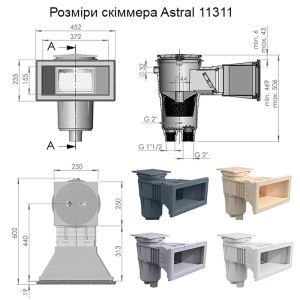 Габаритные размеры скиммера Astral Pool 17.5L Wide Anthracite Grey 11311CL144
